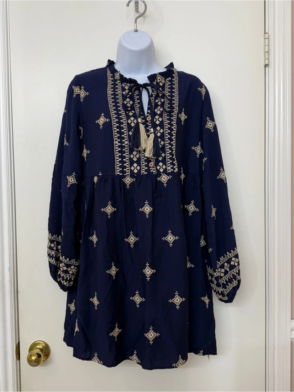NWT Camellia Embroidered Boho Mini Dress - Size S Tassel Tie Neck- Navy - Picture 6 of 13